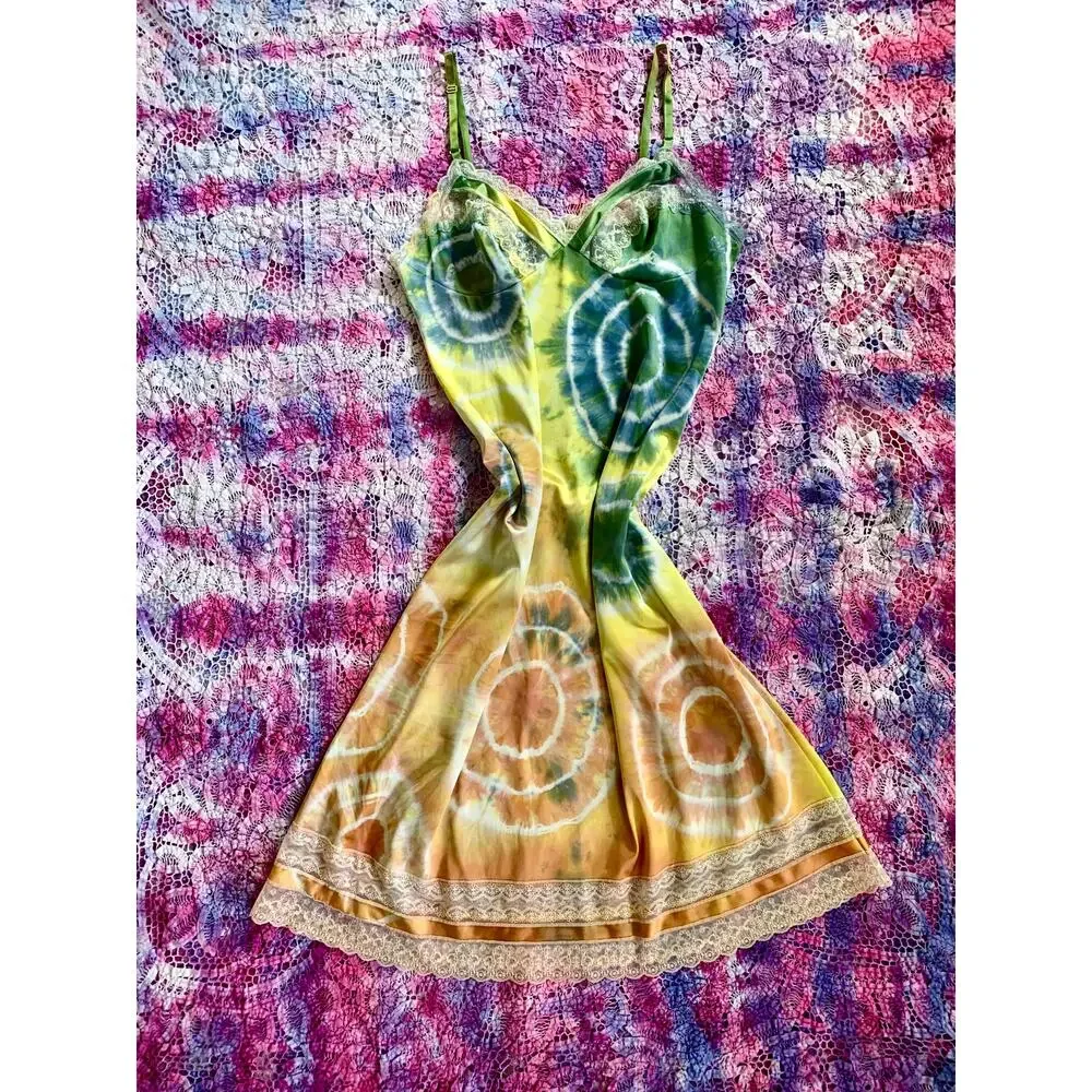 Hand Dyed Vintage Rainbow Multi Color Shibori Dye Slip Dress Reworked Loungewear